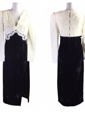 Scott McClintock Jessica Vintage Black Velvet Dress Maxi Lace Empire Size 10
